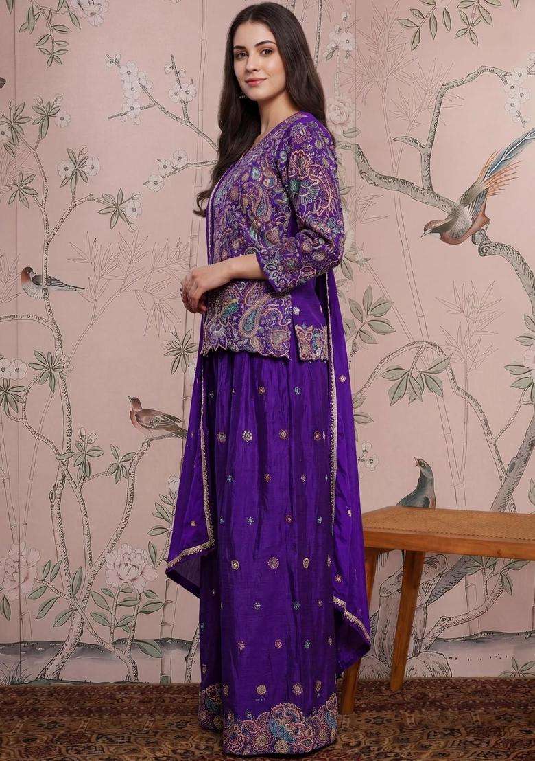 Purple Printed Chinon Anarkli Sets - Indya
