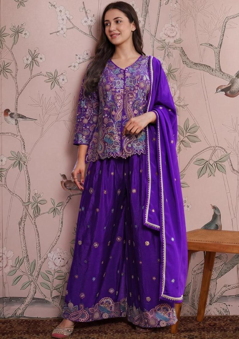 Purple Printed Chinon Anarkli Sets - Indya