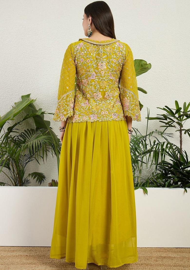 Yellow Embroidered Georgette Kurta Sets - Indya