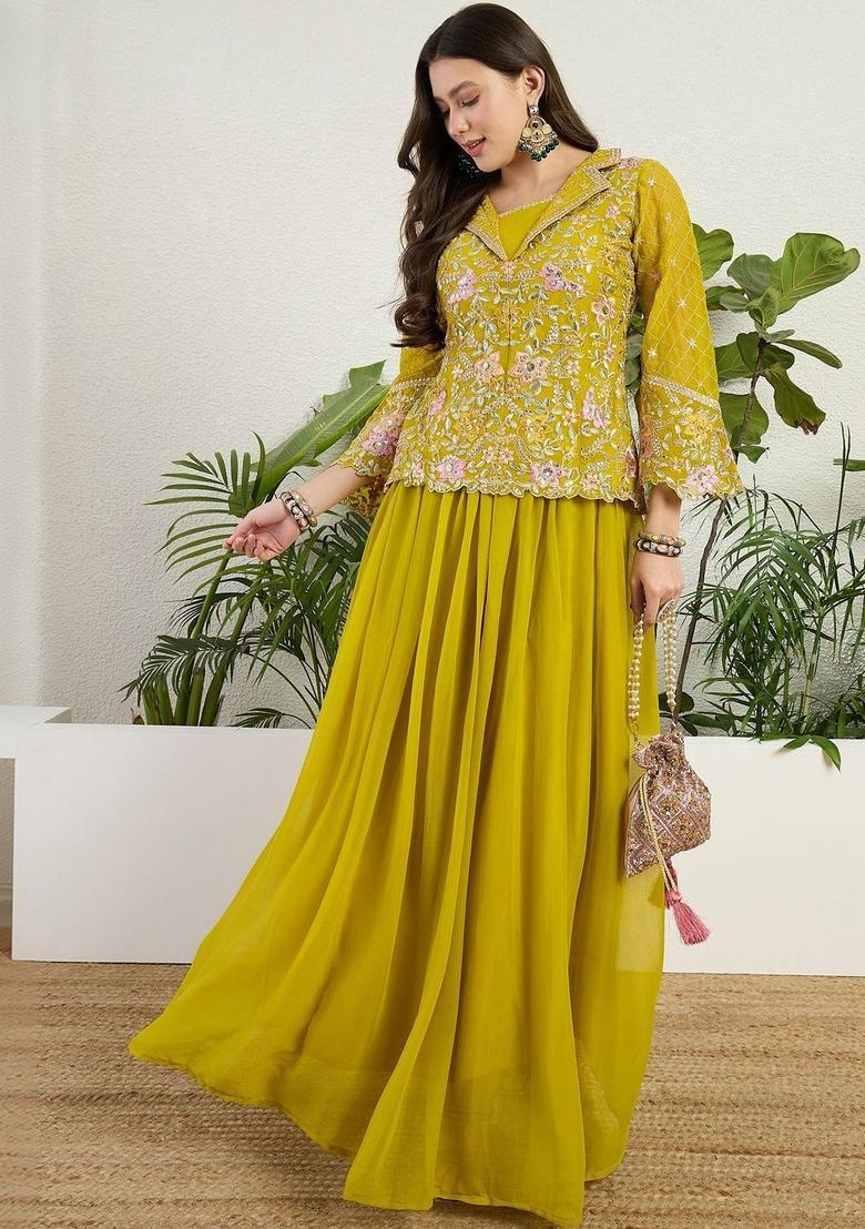 Yellow Embroidered Georgette Kurta Sets - Indya