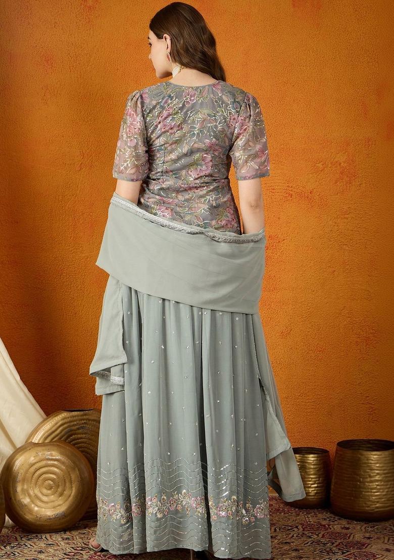 Grey Embroidered Georgette Kurta Sets - Indya