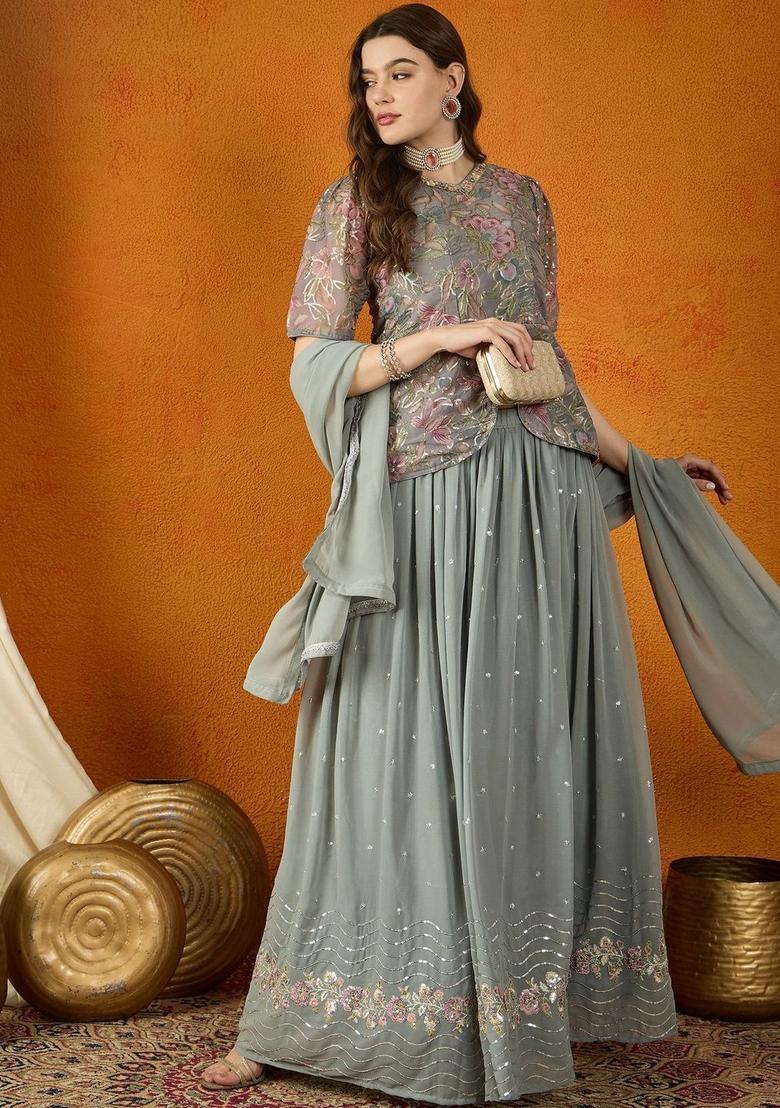 Grey Embroidered Georgette Kurta Sets - Indya