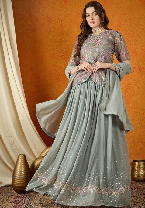 Grey Embroidered Georgette Kurta Sets
