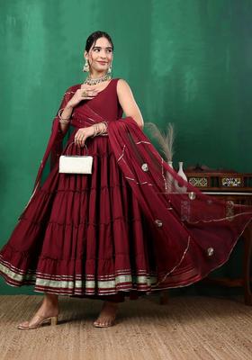 Maroon Solid Cotton Anarkli Sets