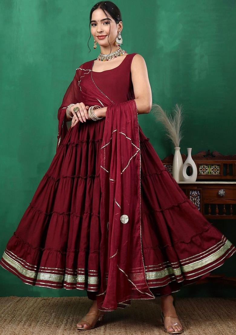 Maroon Solid Cotton Anarkli Sets - Indya