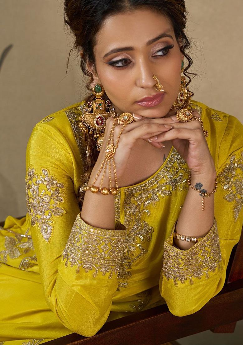 Yellow Embroidered Polyester Kurta Sets - Indya