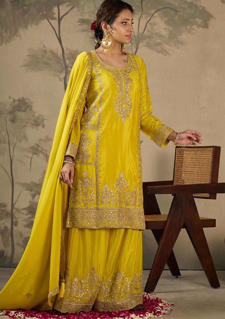 Yellow Embroidered Polyester Kurta Sets - Indya
