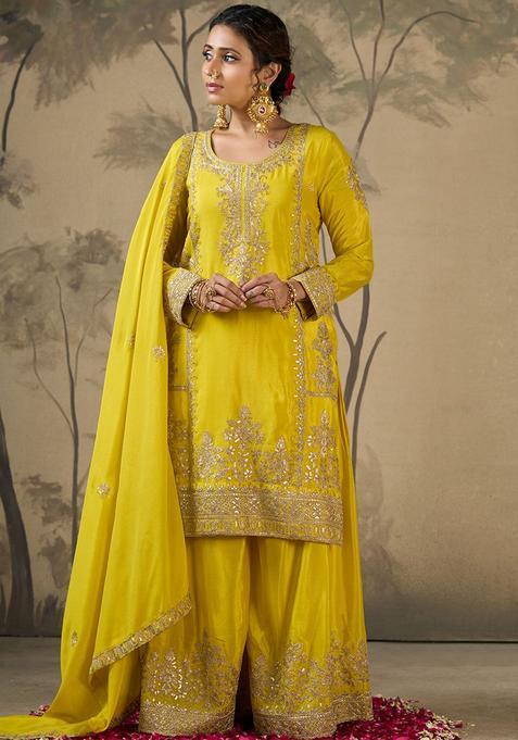 Yellow Embroidered Polyester Kurta Sets