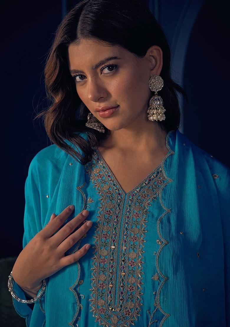 Turquoise Blue Embroidered Silk Blend Kurta Sets - Indya