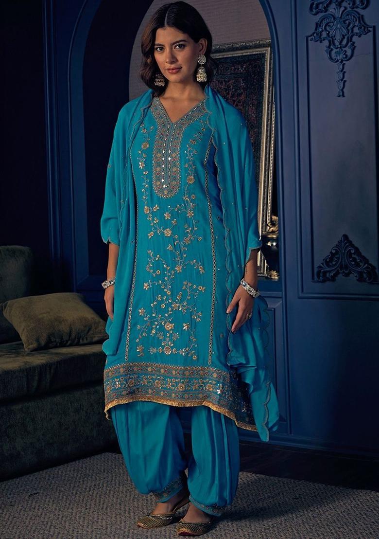Turquoise Blue Embroidered Silk Blend Kurta Sets - Indya