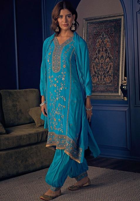 Turquoise Blue Embroidered Silk Blend Kurta Sets