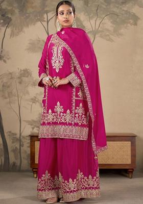 Pink Embroidered Chinon Kurta Sets