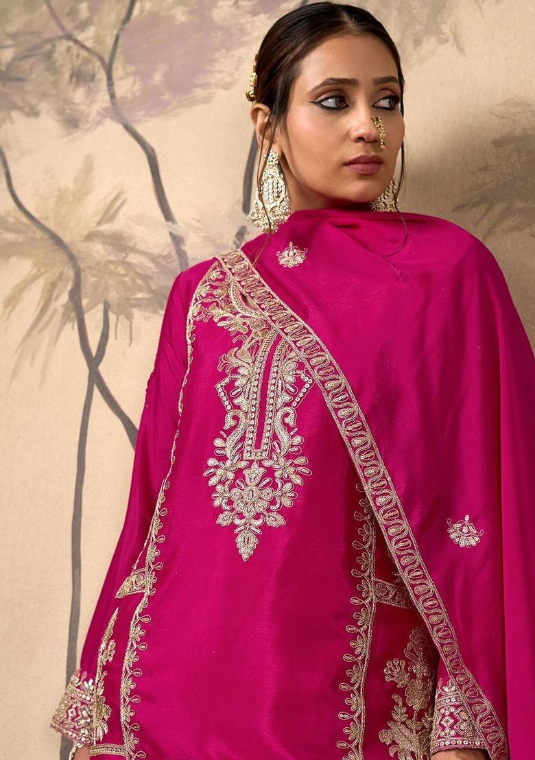 Pink Embroidered Chinon Kurta Sets - Indya