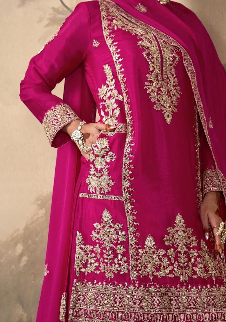 Pink Embroidered Chinon Kurta Sets - Indya