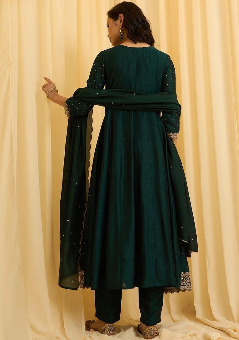 Green Solid Silk Blend Kurta Sets - Indya