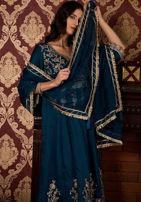 Teal Embroidered Silk Blend Kurta Sets