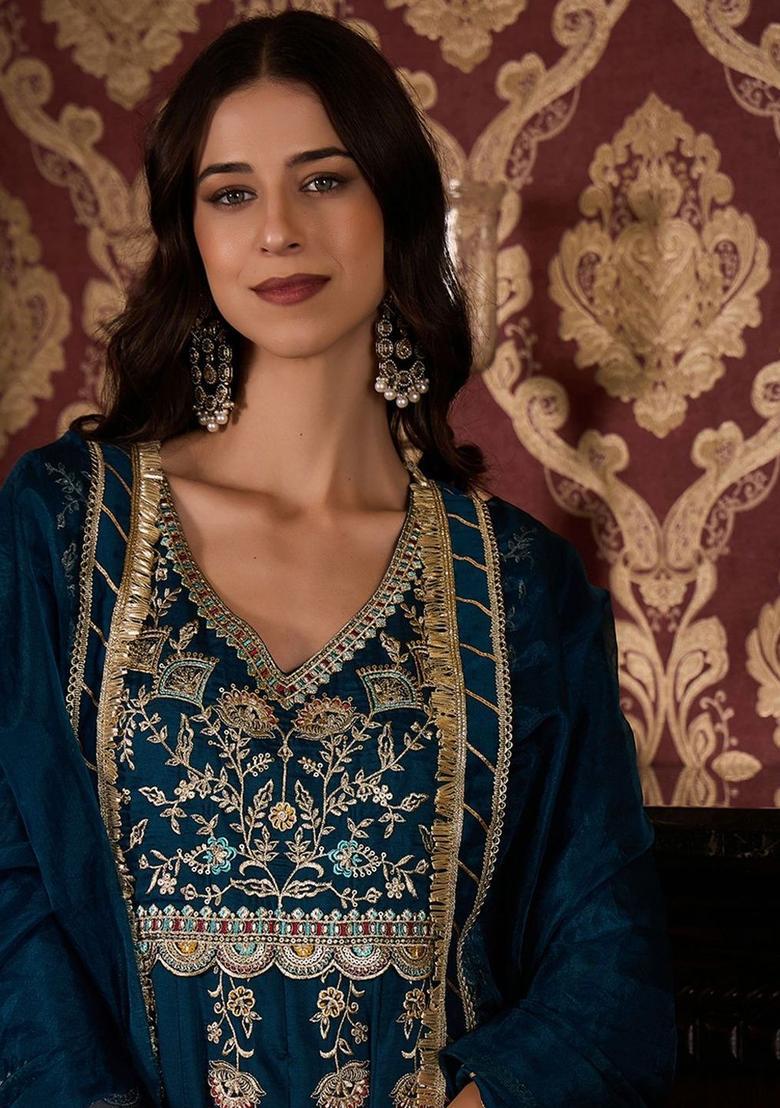 Teal Embroidered Silk Blend Kurta Sets - Indya