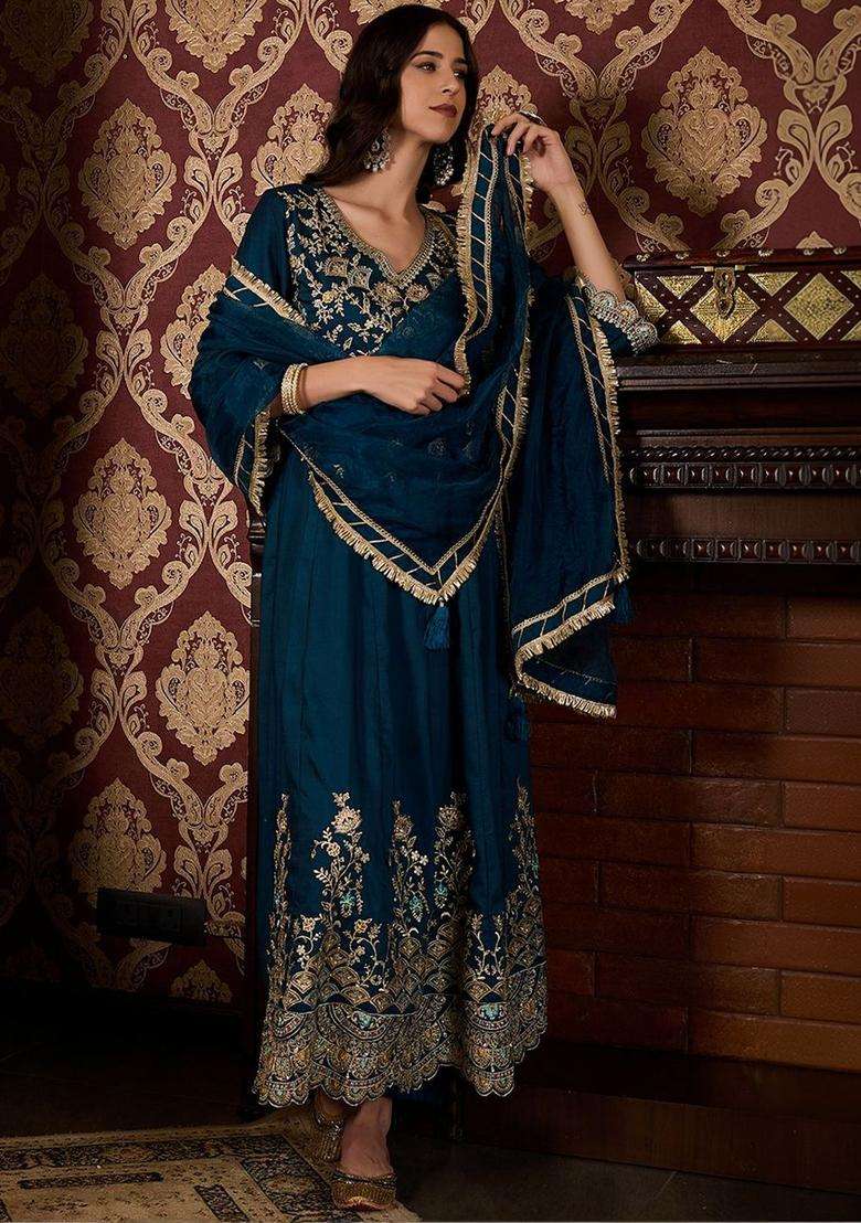 Teal Embroidered Silk Blend Kurta Sets - Indya