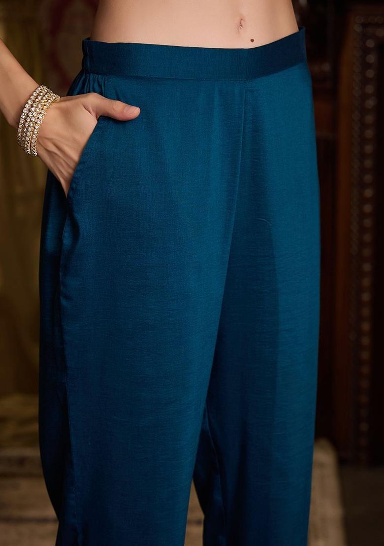 Teal Embroidered Silk Blend Kurta Sets - Indya