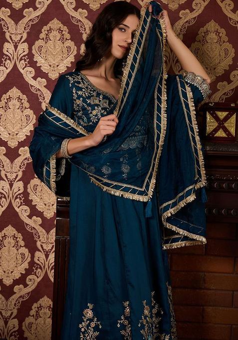 Teal Embroidered Silk Blend Kurta Sets