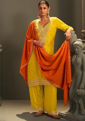Mustard Embroidered Silk Blend Kurta Sets