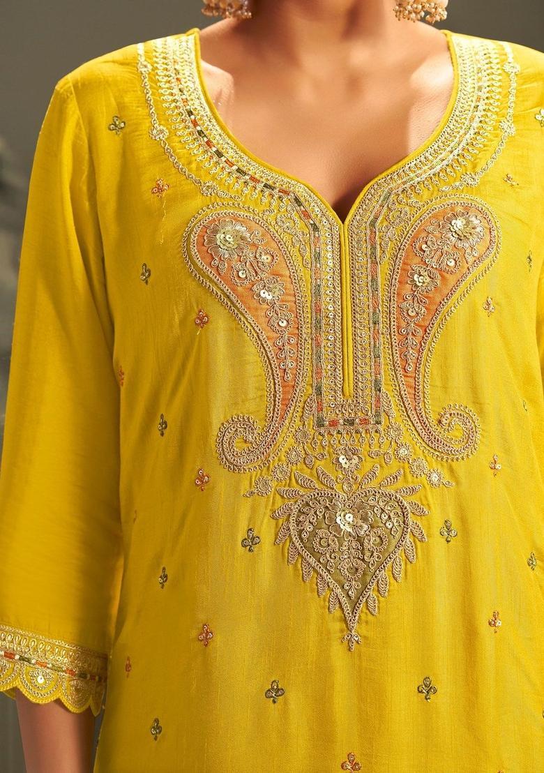 Mustard Embroidered Silk Blend Kurta Sets - Indya