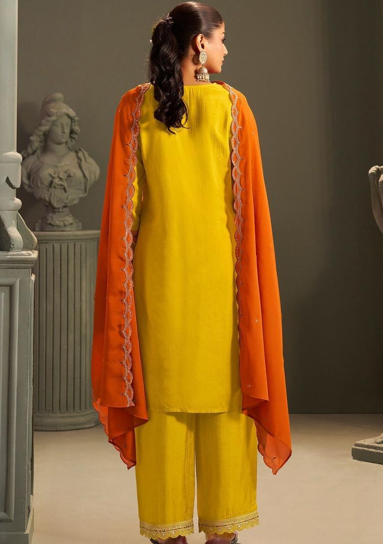 Mustard Embroidered Silk Blend Kurta Sets - Indya