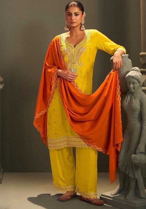 Mustard Embroidered Silk Blend Kurta Sets