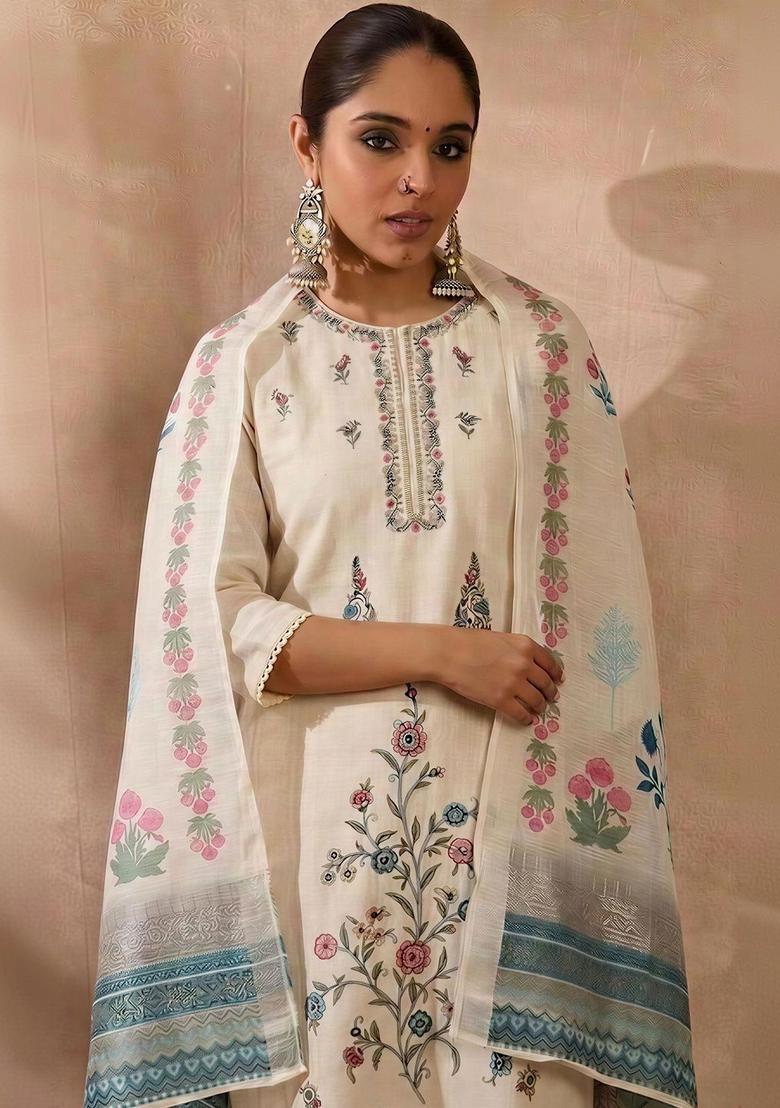 Off White Embroidered Cotton Kurta Sets - Indya