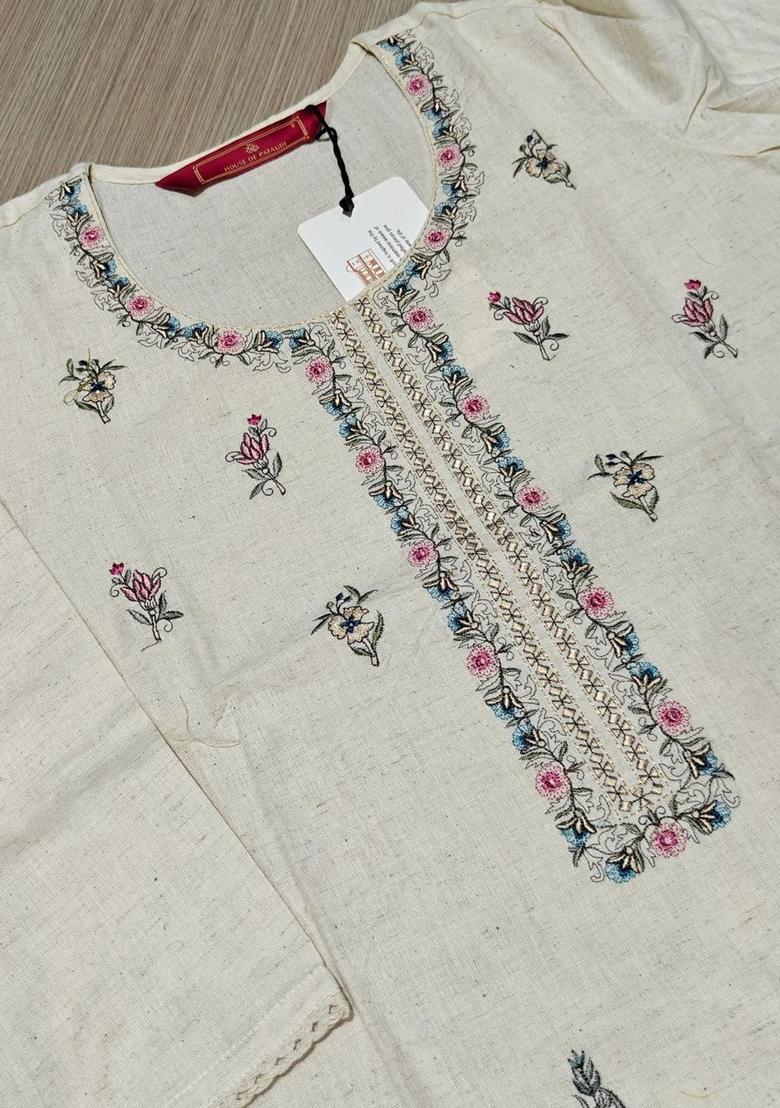 Off White Embroidered Cotton Kurta Sets - Indya