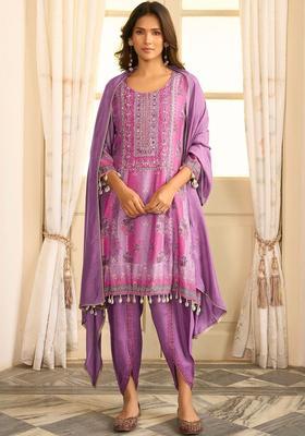 Lavender Printed Silk Blend Anarkli Sets