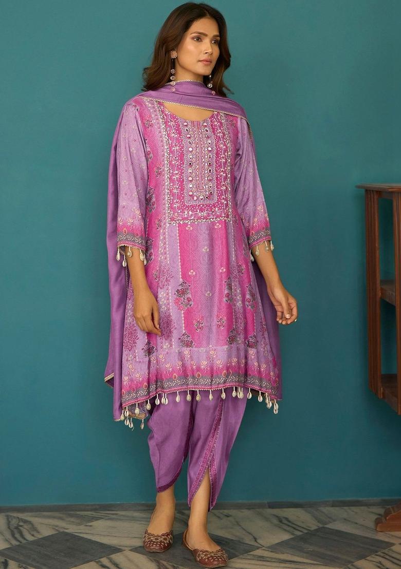 Lavender Printed Silk Blend Anarkli Sets - Indya