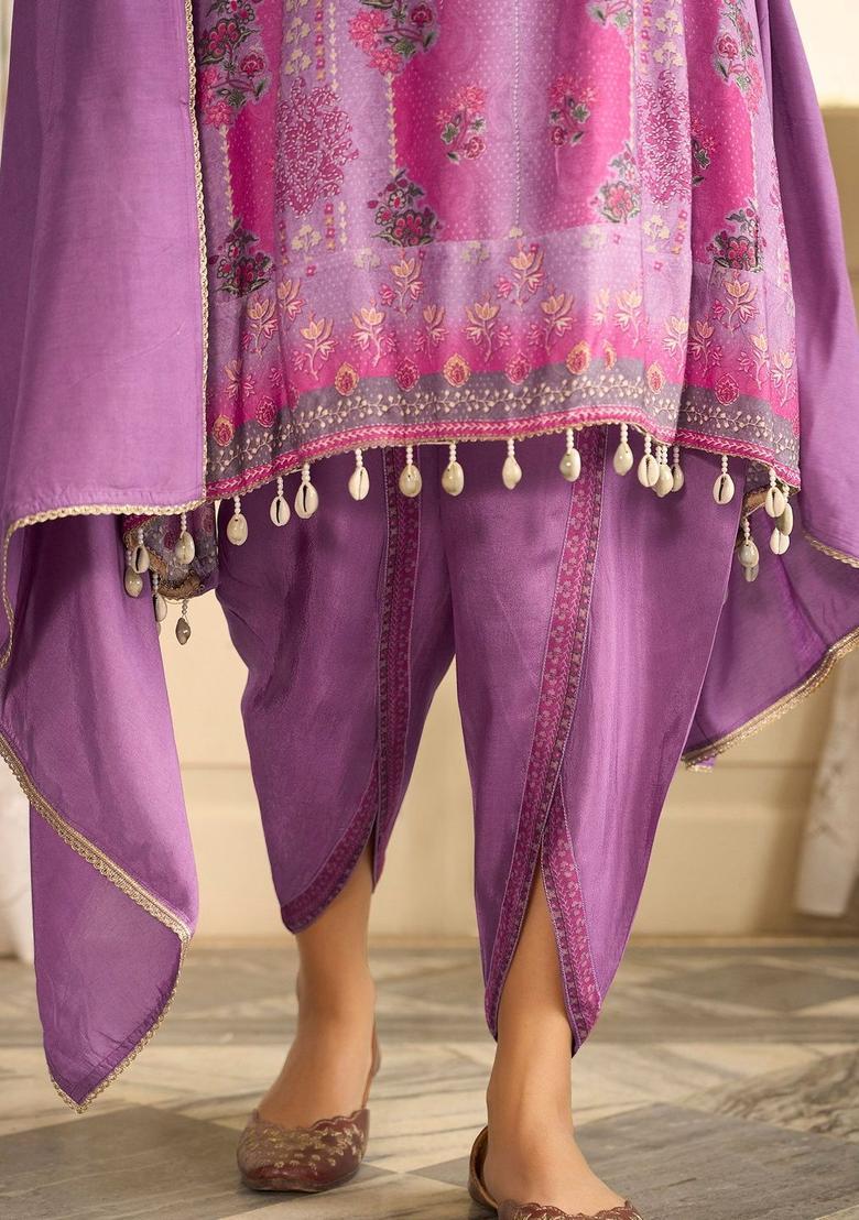Lavender Printed Silk Blend Anarkli Sets - Indya
