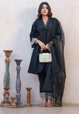 Black Self Design Silk Blend Kurta Sets