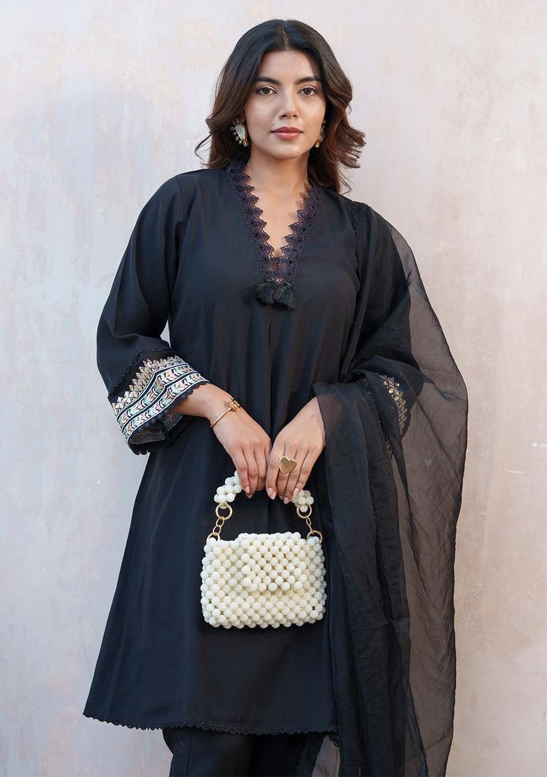 Black Self Design Silk Blend Kurta Sets - Indya