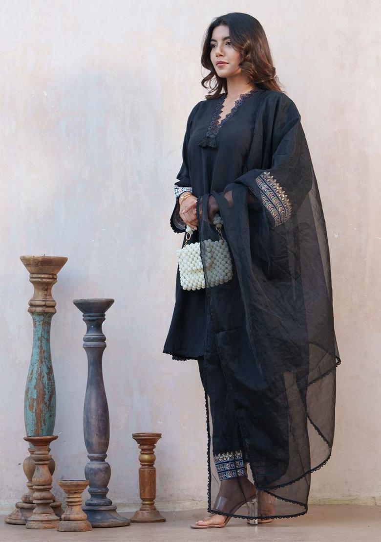 Black Self Design Silk Blend Kurta Sets - Indya
