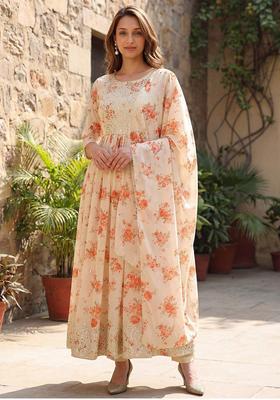 Off White Printed Georgette Anarkli Sets