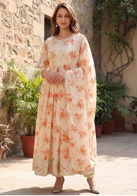 Off White Printed Georgette Anarkli Sets