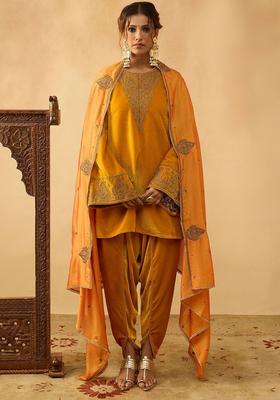 Mustard Embroidered Velvet Kurta Sets