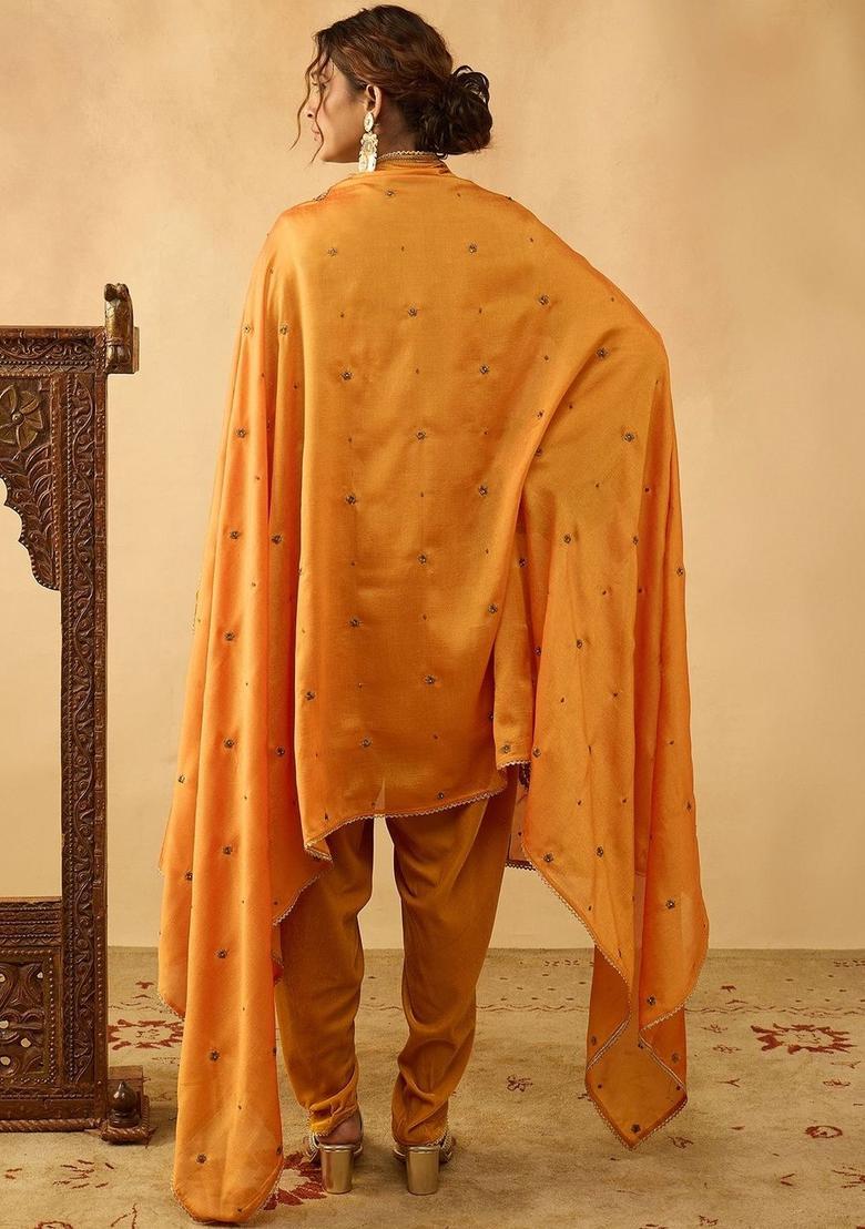 Mustard Embroidered Velvet Kurta Sets - Indya