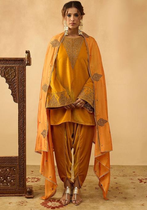 Mustard Embroidered Velvet Kurta Sets
