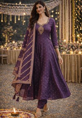Purple Embroidered Viscose Anarkli Sets