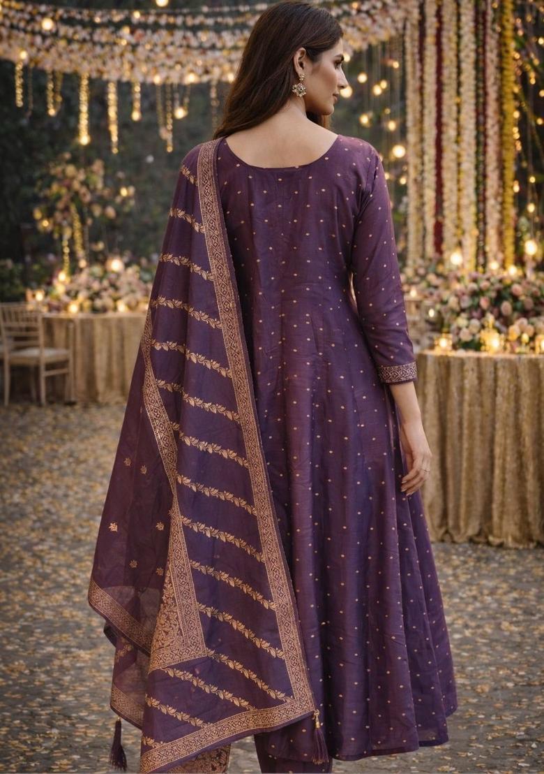 Purple Embroidered Viscose Anarkli Sets - Indya
