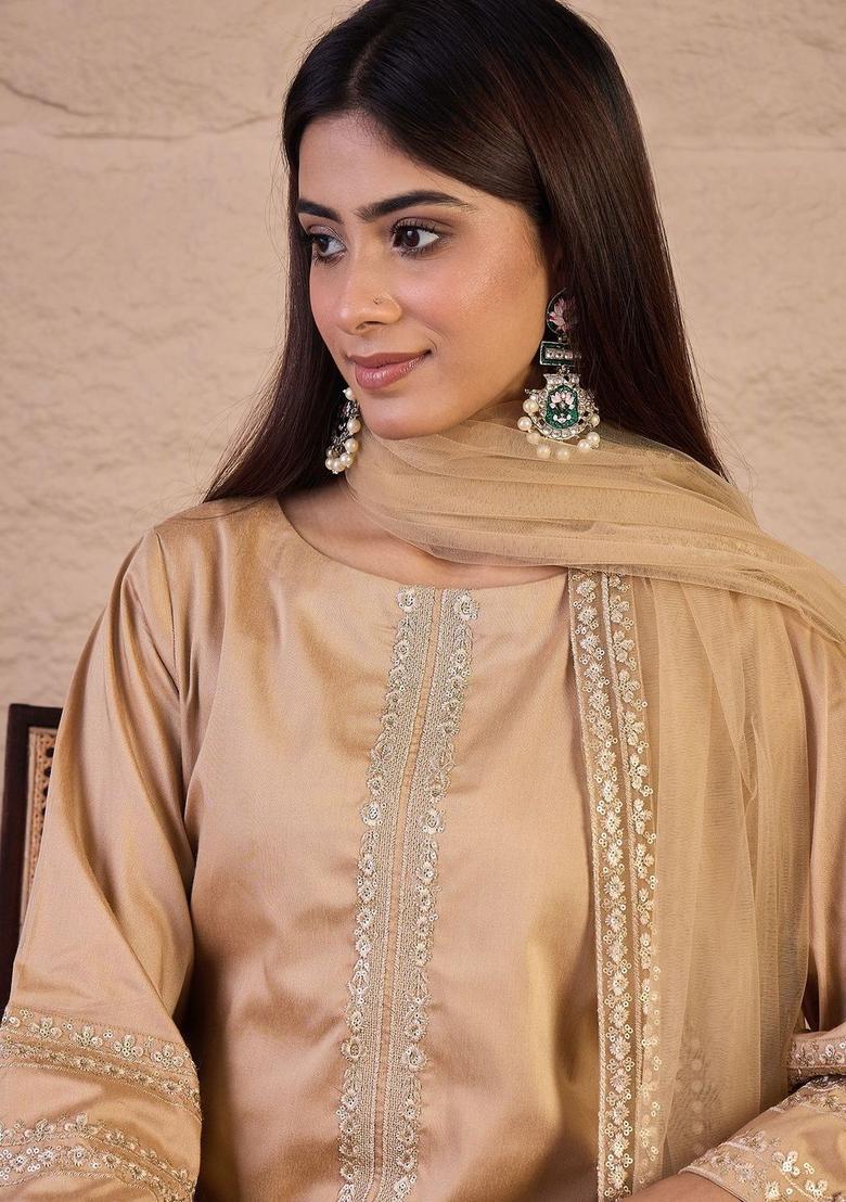 Beige Embroidered Silk Blend Kurta Sets - Indya