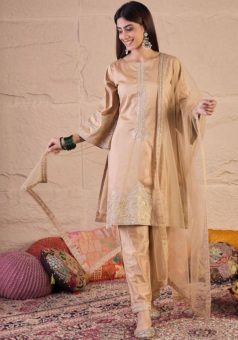 Beige Embroidered Silk Blend Kurta Sets