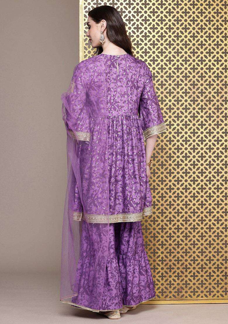 Purple Printed Polyester Kurta Sets - Indya