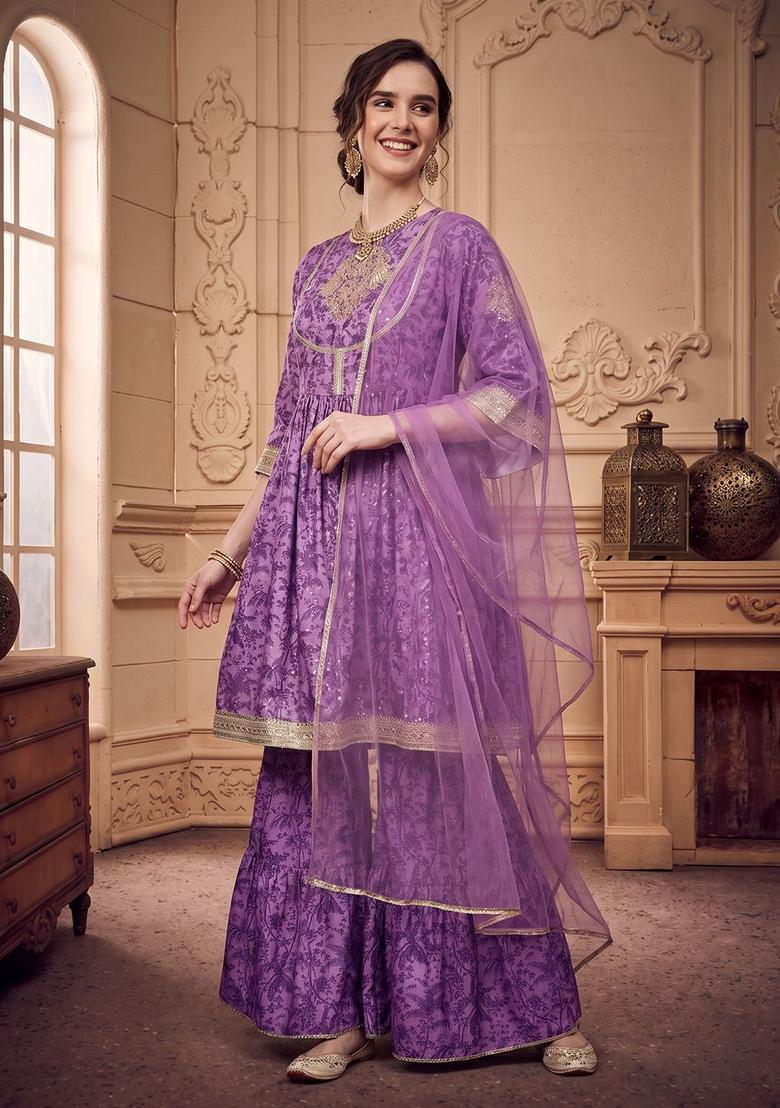 Purple Printed Polyester Kurta Sets - Indya