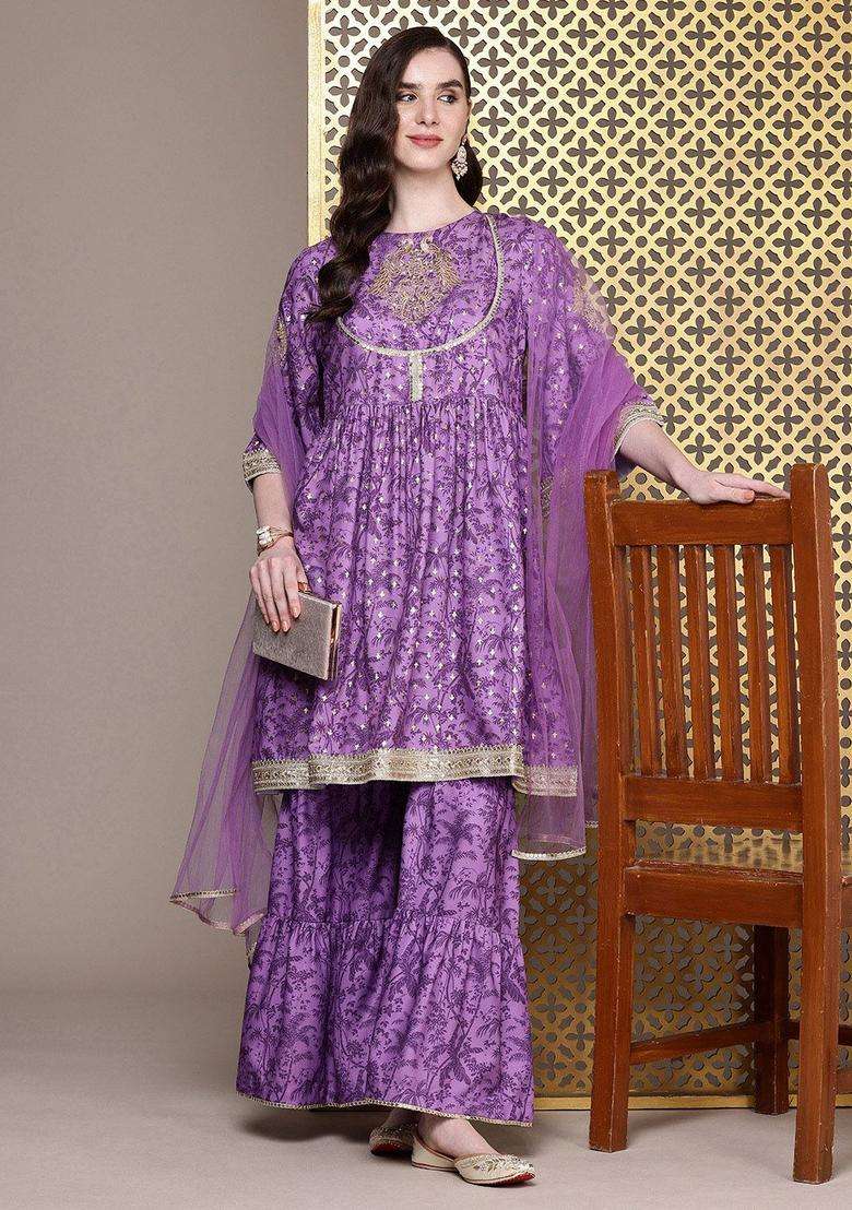 Purple Printed Polyester Kurta Sets - Indya