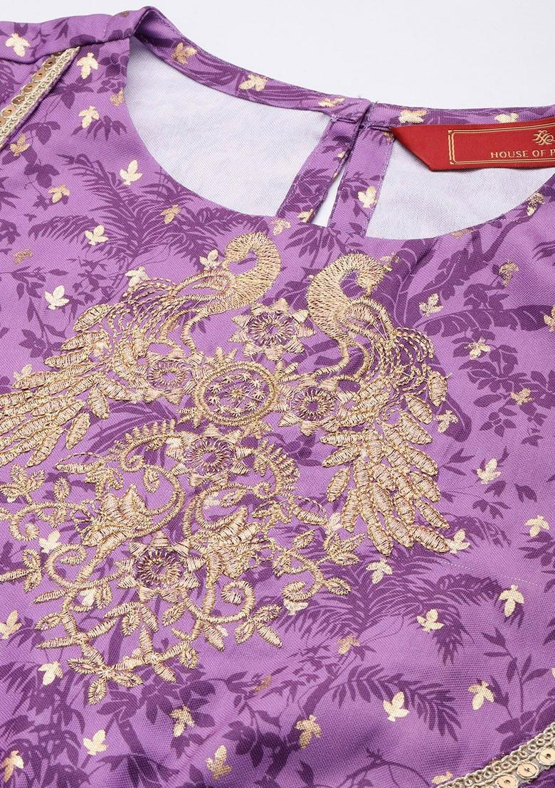 Purple Printed Polyester Kurta Sets - Indya