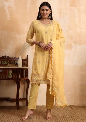 Yellow Embroidered Georgette Kurta Sets